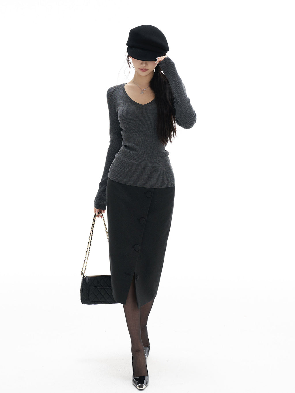 Gray belted short coat with a skirt