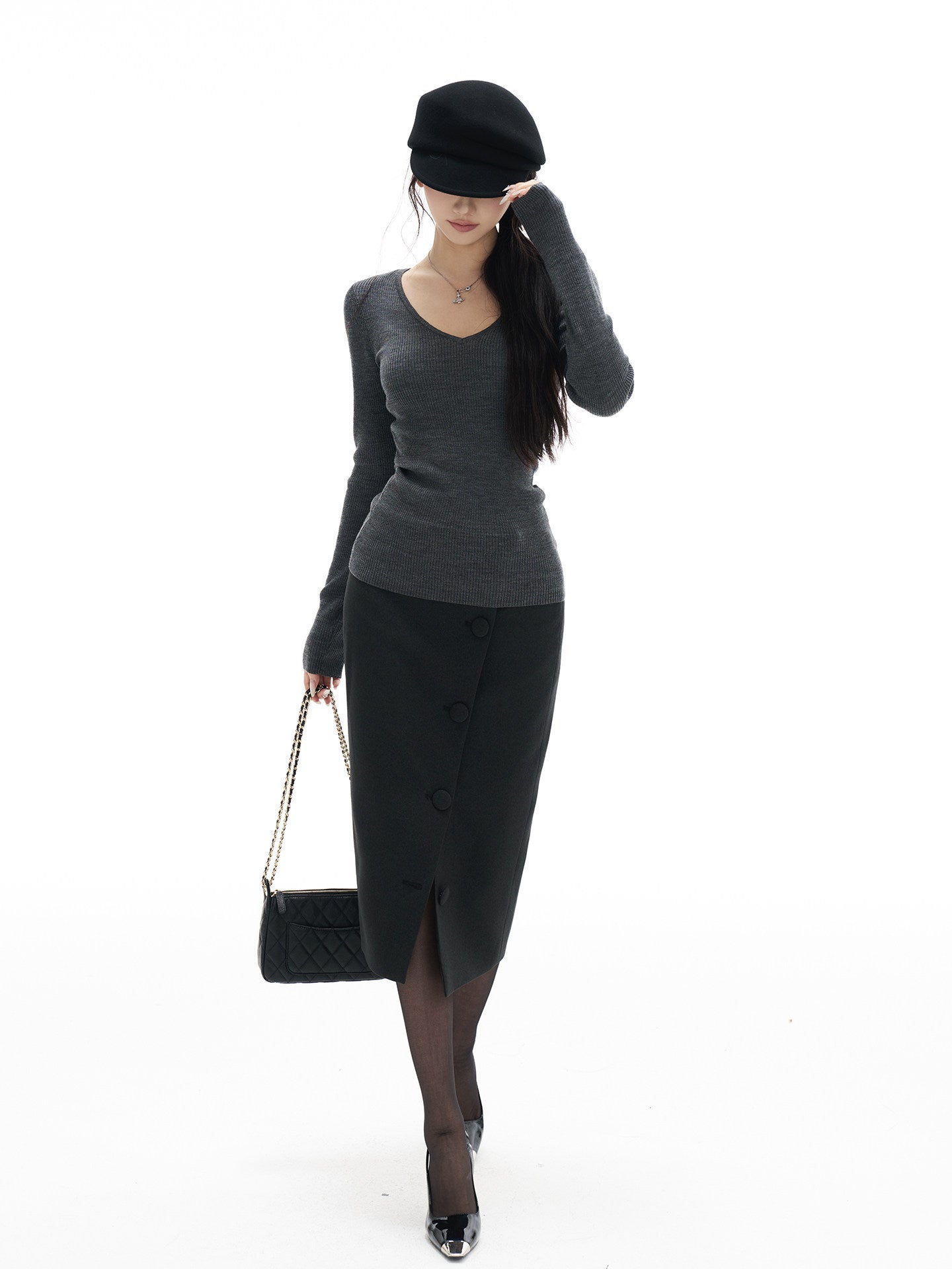 Gray belted short coat with a skirt
