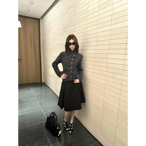 3D Pleated Oblique Placket Square Shoulder Blazer