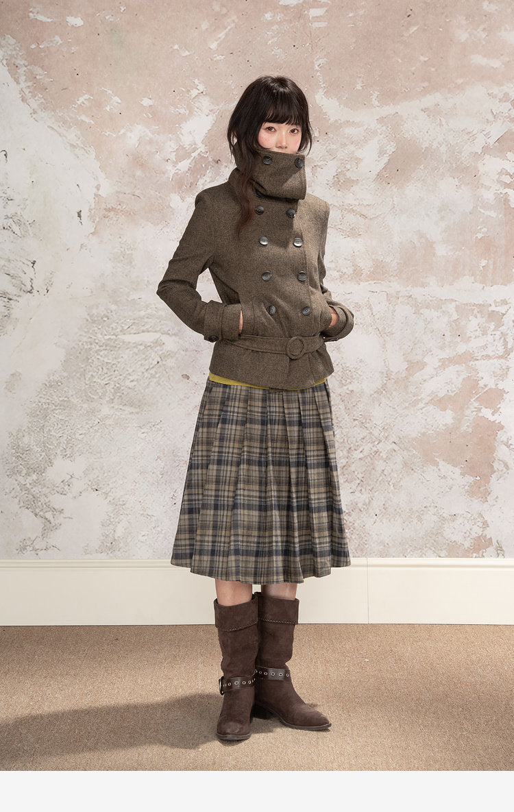 Double-Breasted Wide Lapel Wool Blend Short Coat