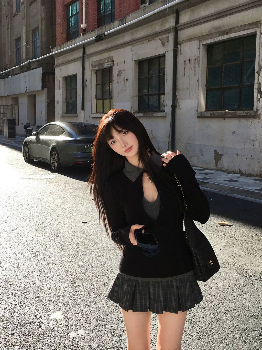 Black Top & Grey Plaid Mini Skirt Two-Piece Set