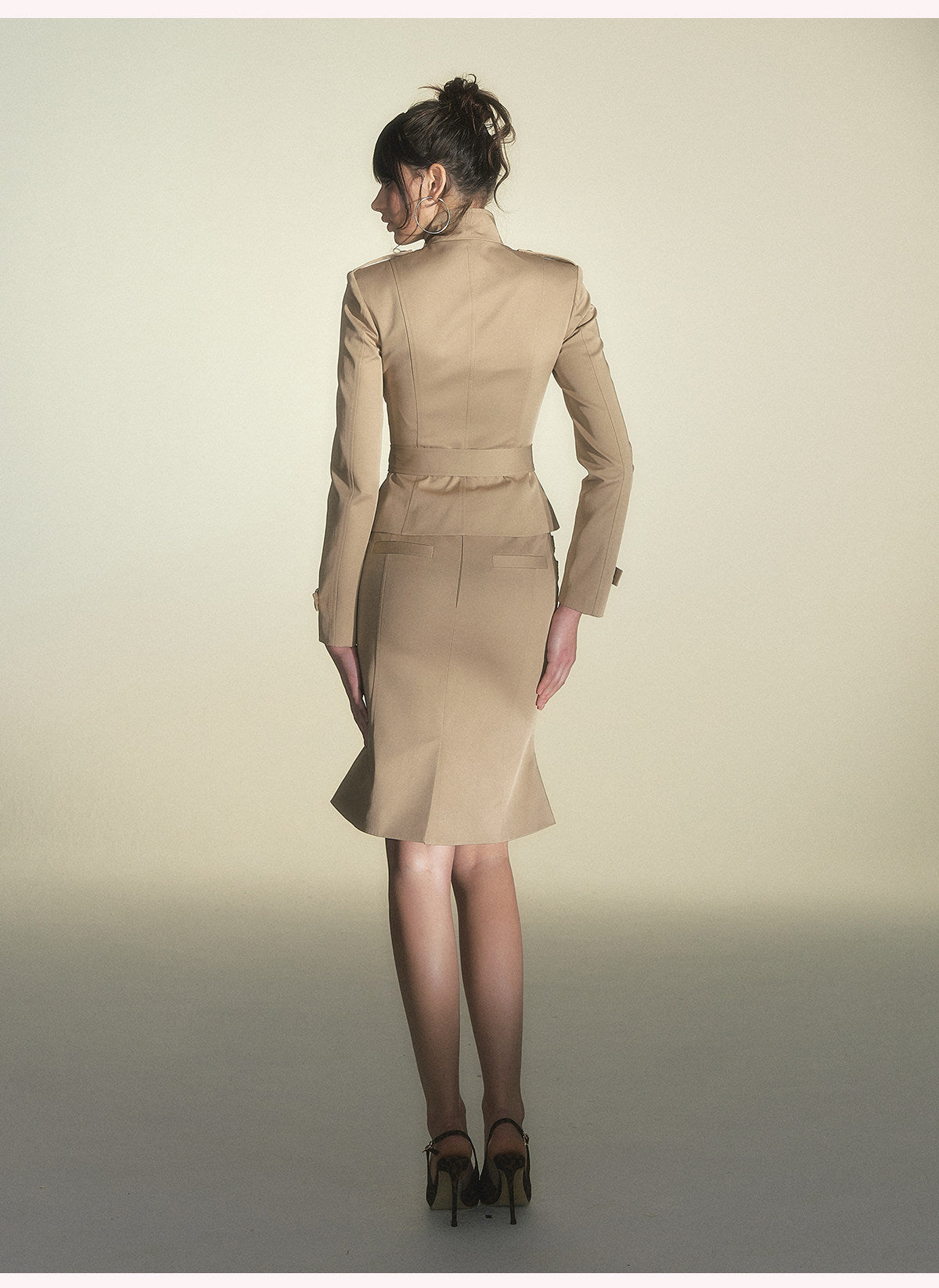 Square-Shoulder Double-Breasted Belted Trench Coat & Bodycon Fishtail Midi Skirt Set