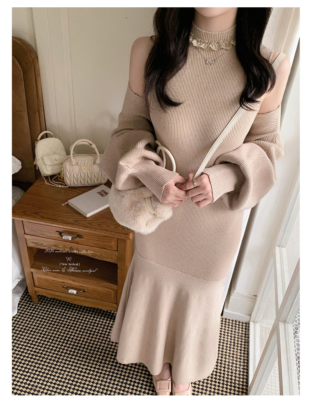 Women's Fitted Halter-Neck Knit Dress with Off-Shoulder Shrug
