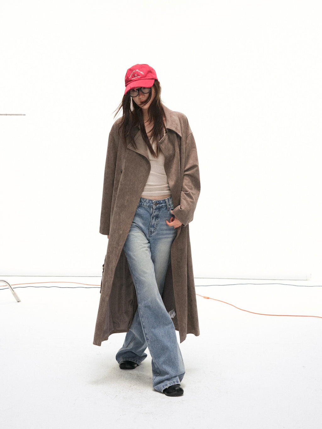 Suede-Effect Belted Double-Breasted Long Trench Coat