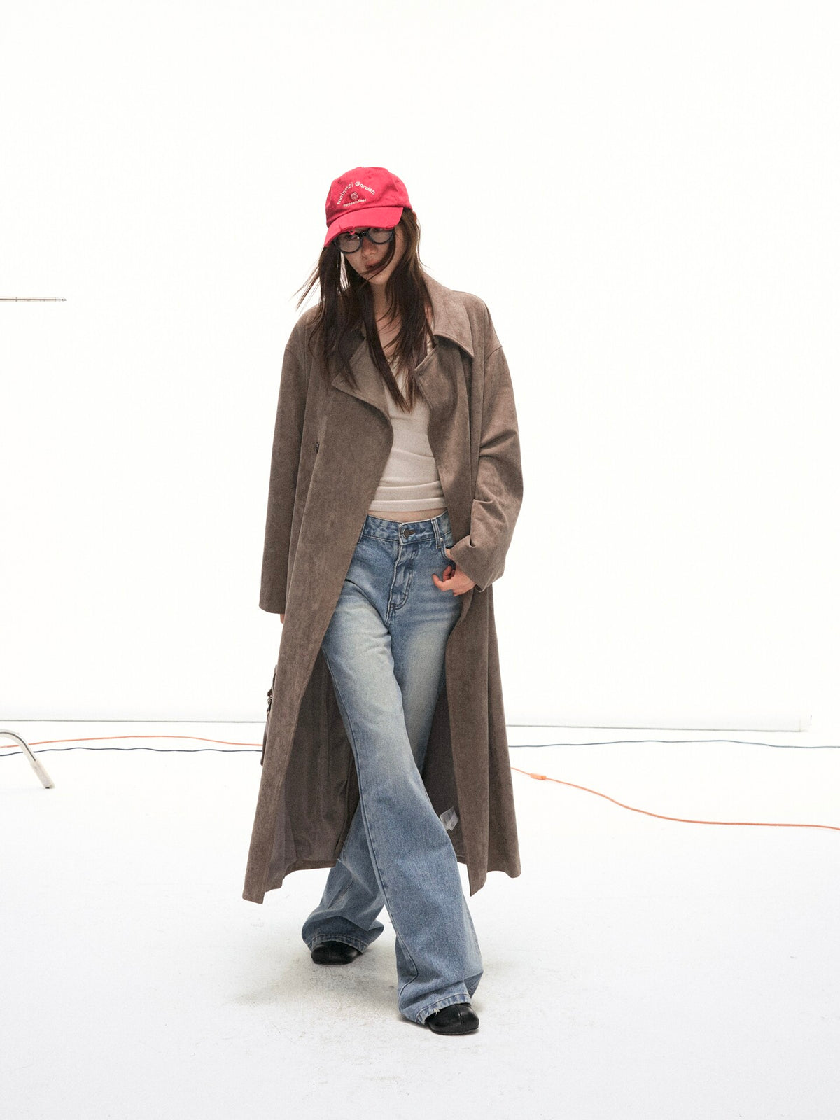 Suede-Effect Belted Double-Breasted Long Trench Coat
