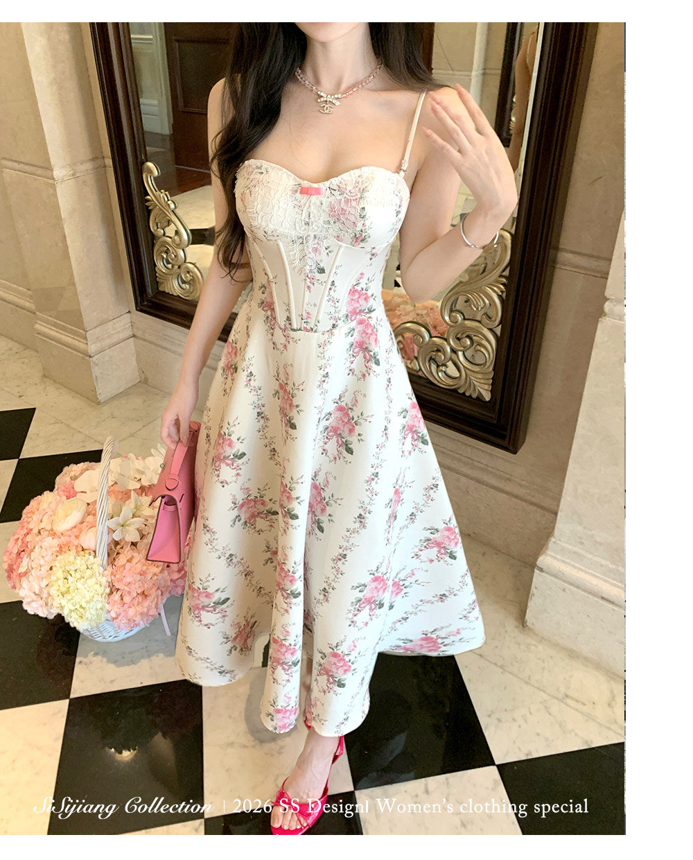 Women’s Floral Spaghetti Strap Dress with Boned Corset Waist