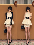 Lace Puff Dress & Lace Bodycon Skirt with Knitted Shawl Matching Set
