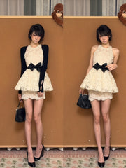 Lace Puff Dress & Lace Bodycon Skirt with Knitted Shawl Matching Set