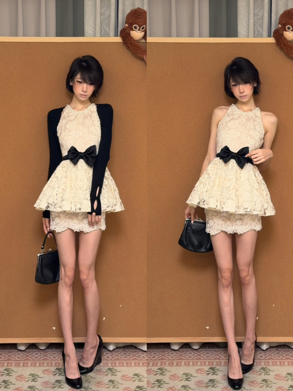Lace Puff Dress & Lace Bodycon Skirt with Knitted Shawl Matching Set
