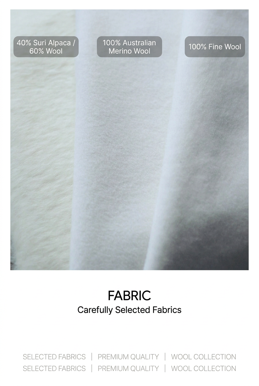 Fabric comparison: 40% Suri alpaca and 60% wool, 100% Australian Merino wool, and 100% fine wool.