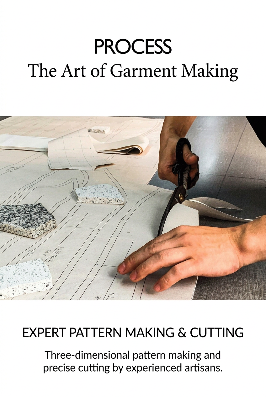 Expert pattern making and precise fabric cutting for coat construction.