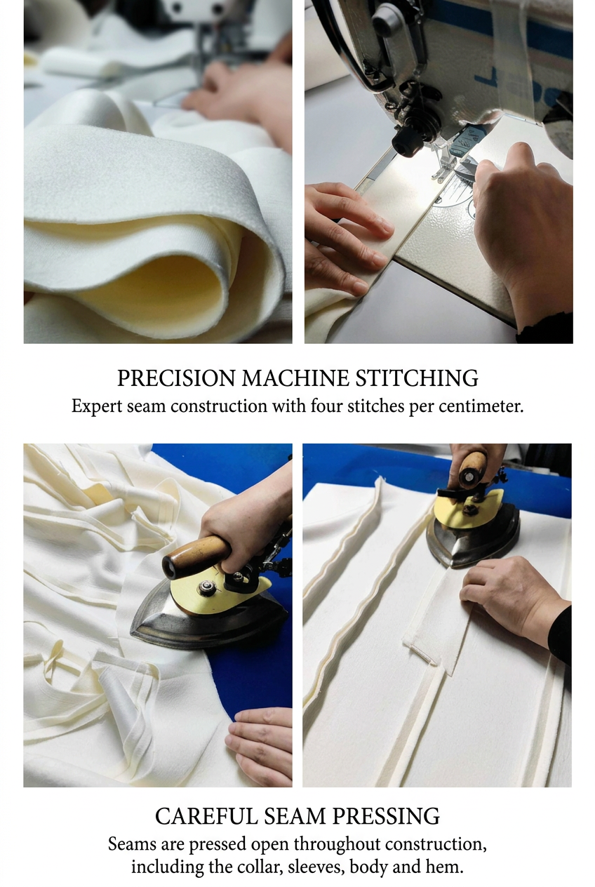 Coat construction featuring precision machine stitching and careful seam pressing.