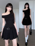One Shoulder Ruched Black Dress Y2K Slim Fit Mini Dress