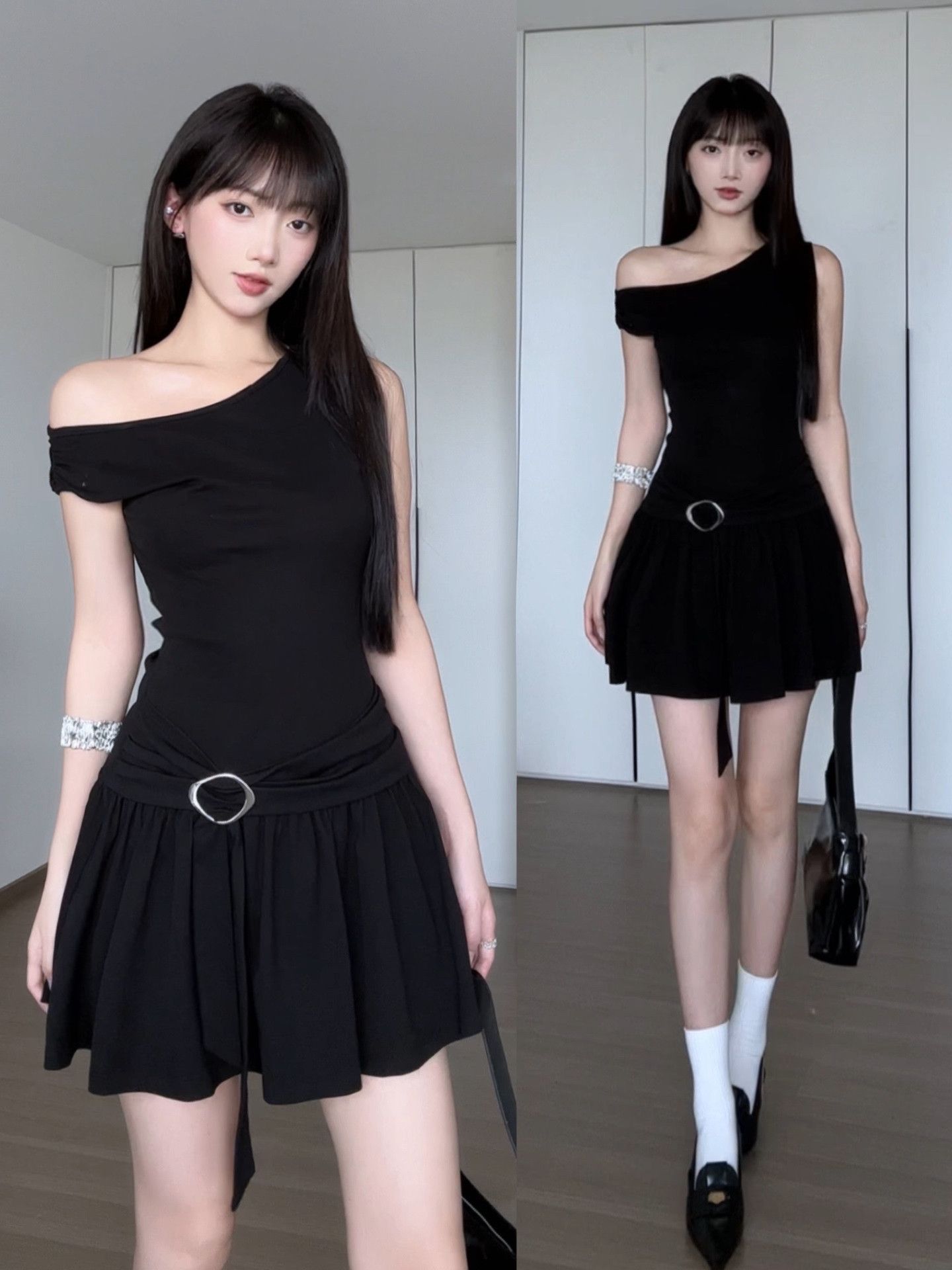 One Shoulder Ruched Black Dress Y2K Slim Fit Mini Dress