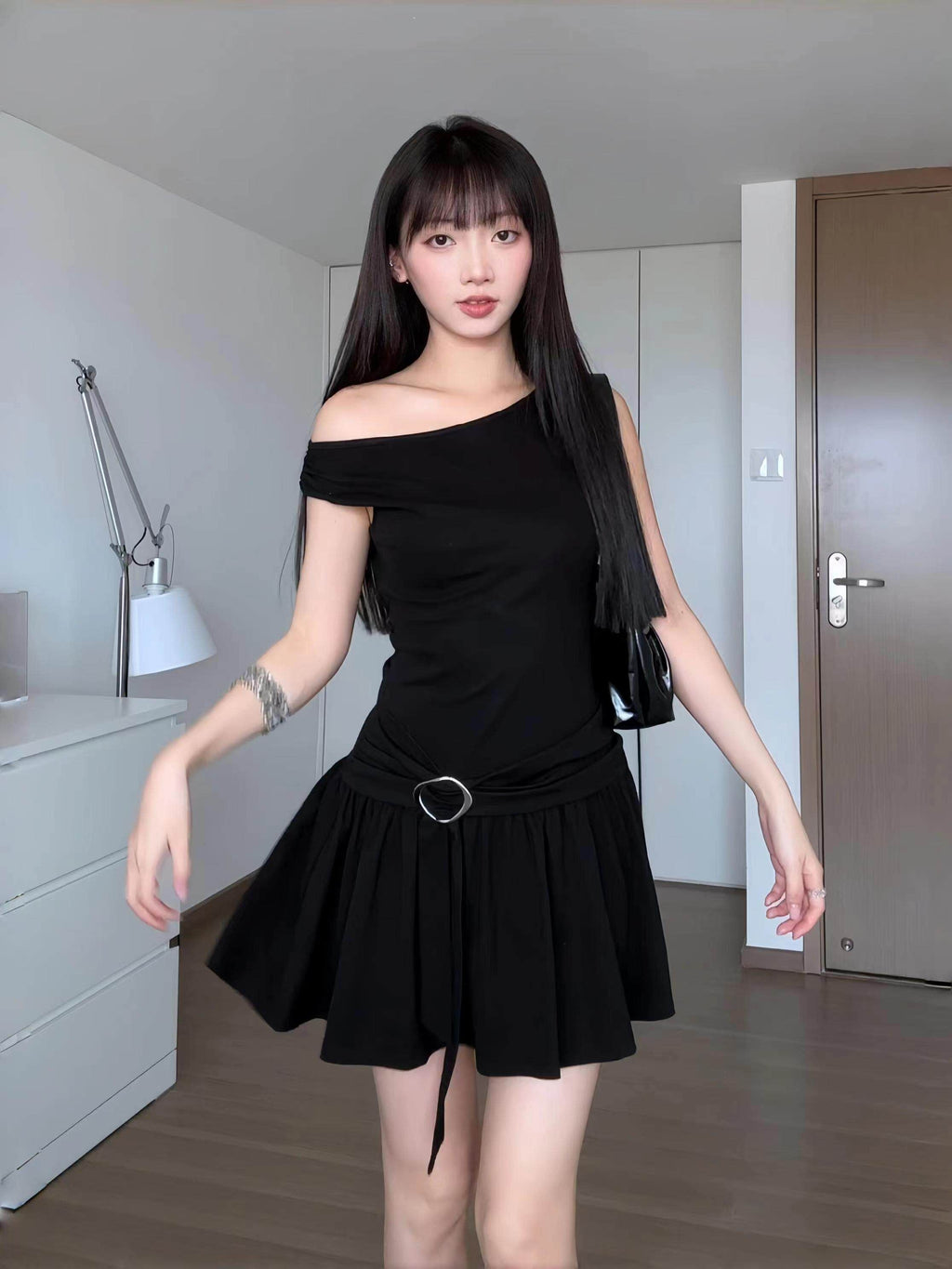 One Shoulder Ruched Black Dress Y2K Slim Fit Mini Dress