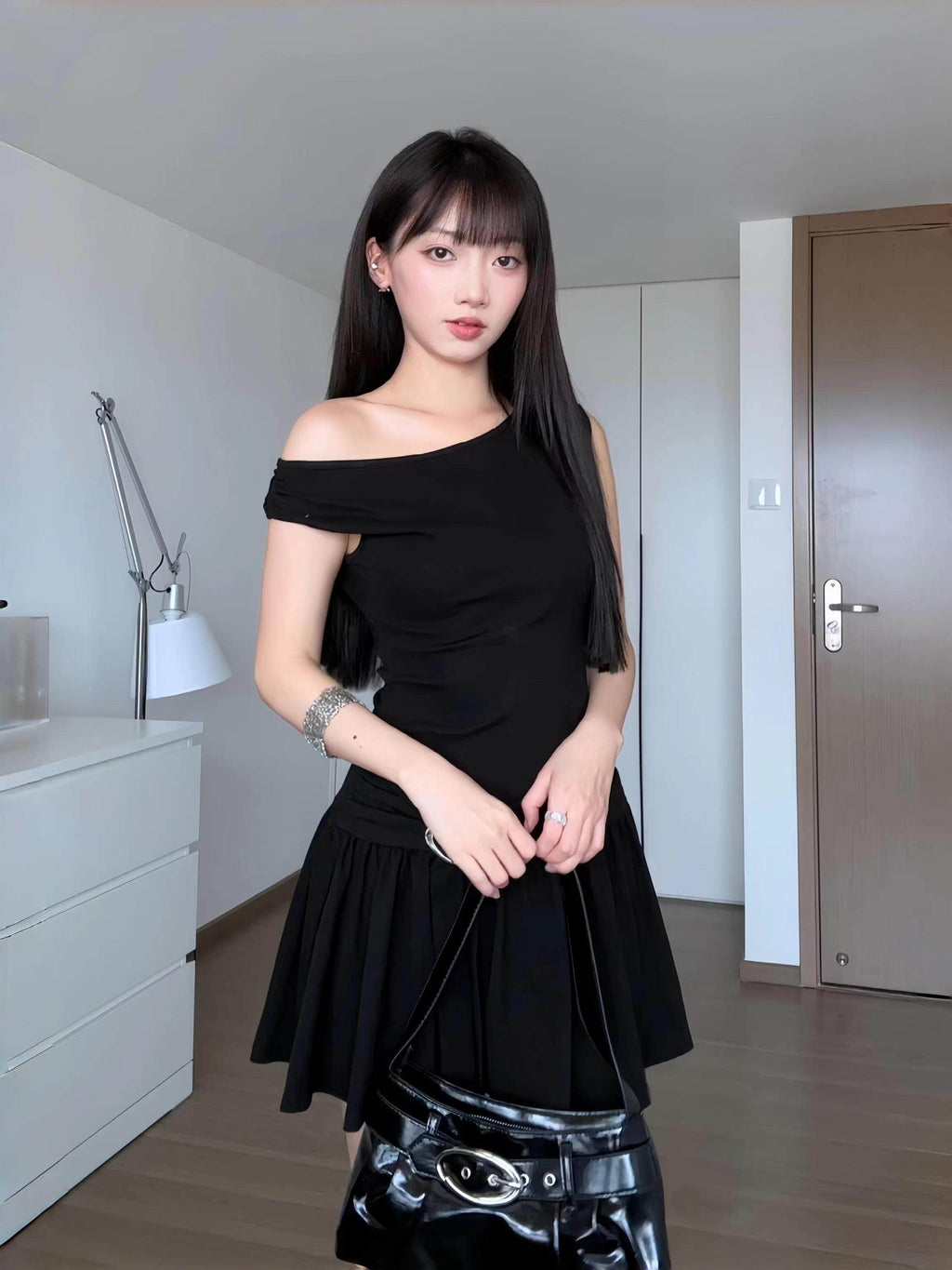 One Shoulder Ruched Black Dress Y2K Slim Fit Mini Dress
