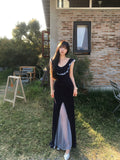 Tulle Spliced Tencel Dress, Blue Waist Split Maxi Dress for Beach Vacation