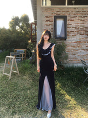 Tulle Spliced Tencel Dress, Blue Waist Split Maxi Dress for Beach Vacation