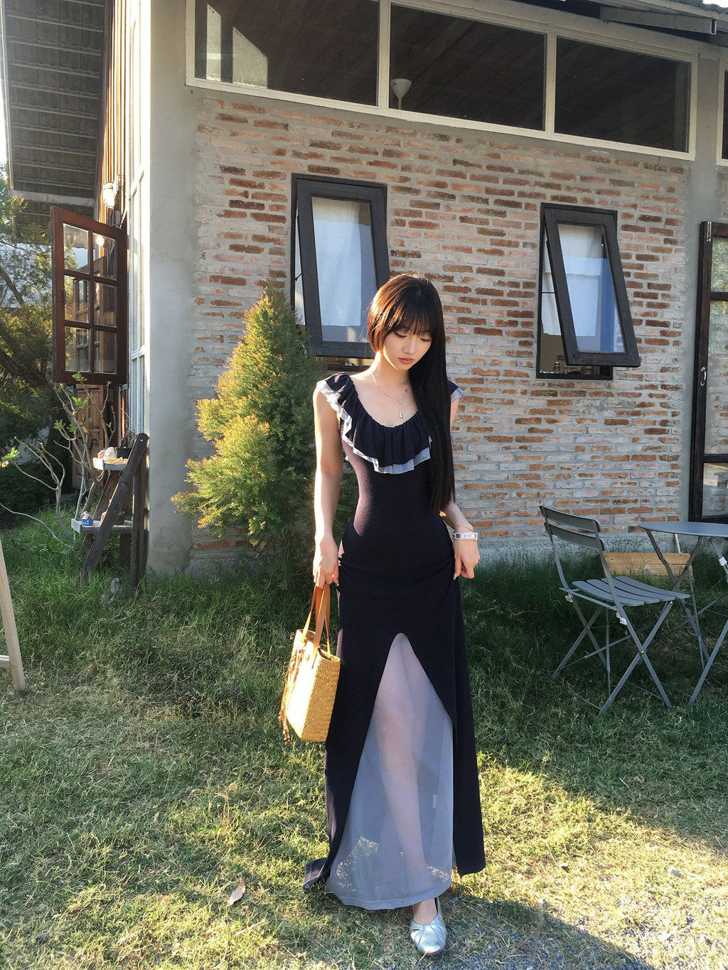 Tulle Spliced Tencel Dress, Blue Waist Split Maxi Dress for Beach Vacation