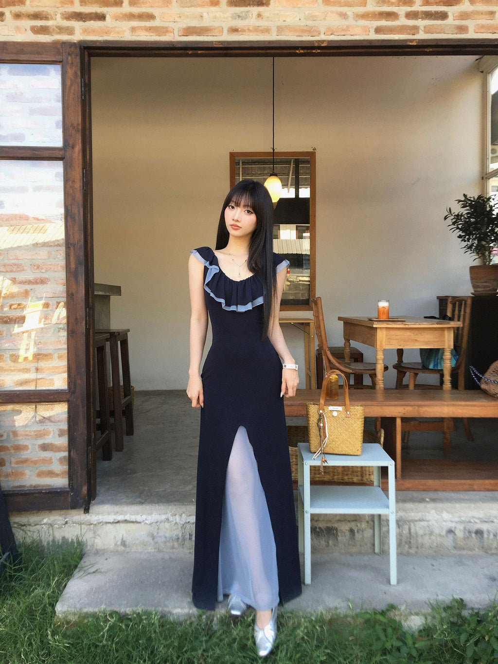 Tulle Spliced Tencel Dress, Blue Waist Split Maxi Dress for Beach Vacation