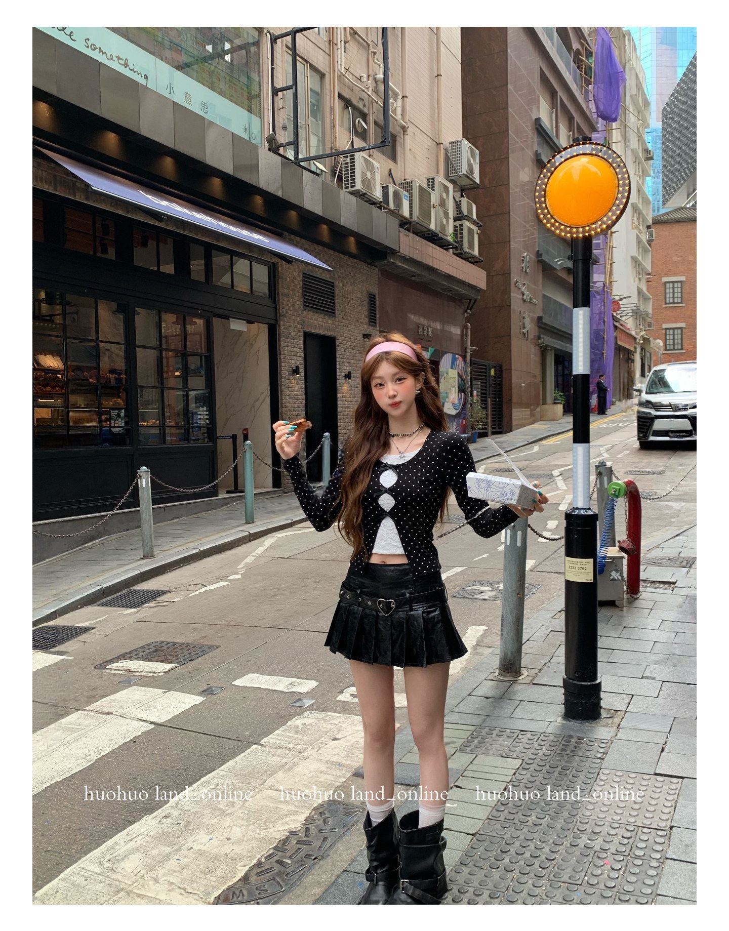 Heart Belt Pleated PU Leather Skirt