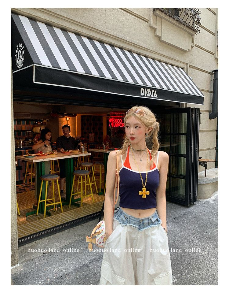 26S/S Fake Two-Piece Halter Cami Slim Fitted Top