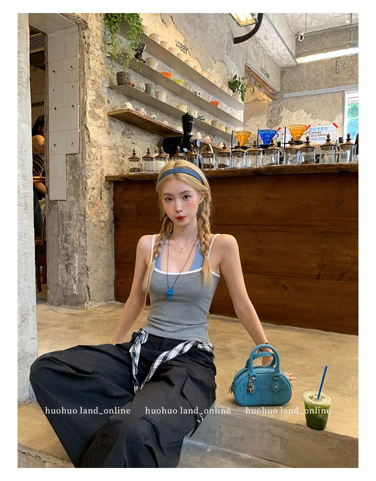 26S/S Fake Two-Piece Halter Cami Slim Fitted Top