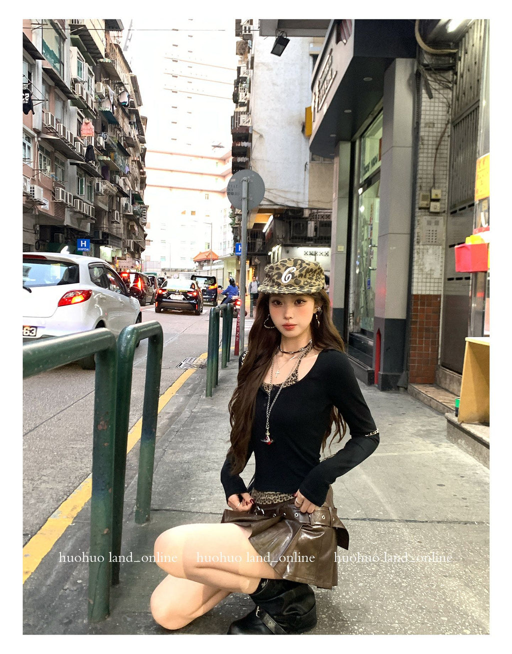 Leopard Print Fake Two-Piece Slim Cropped T-Shirt