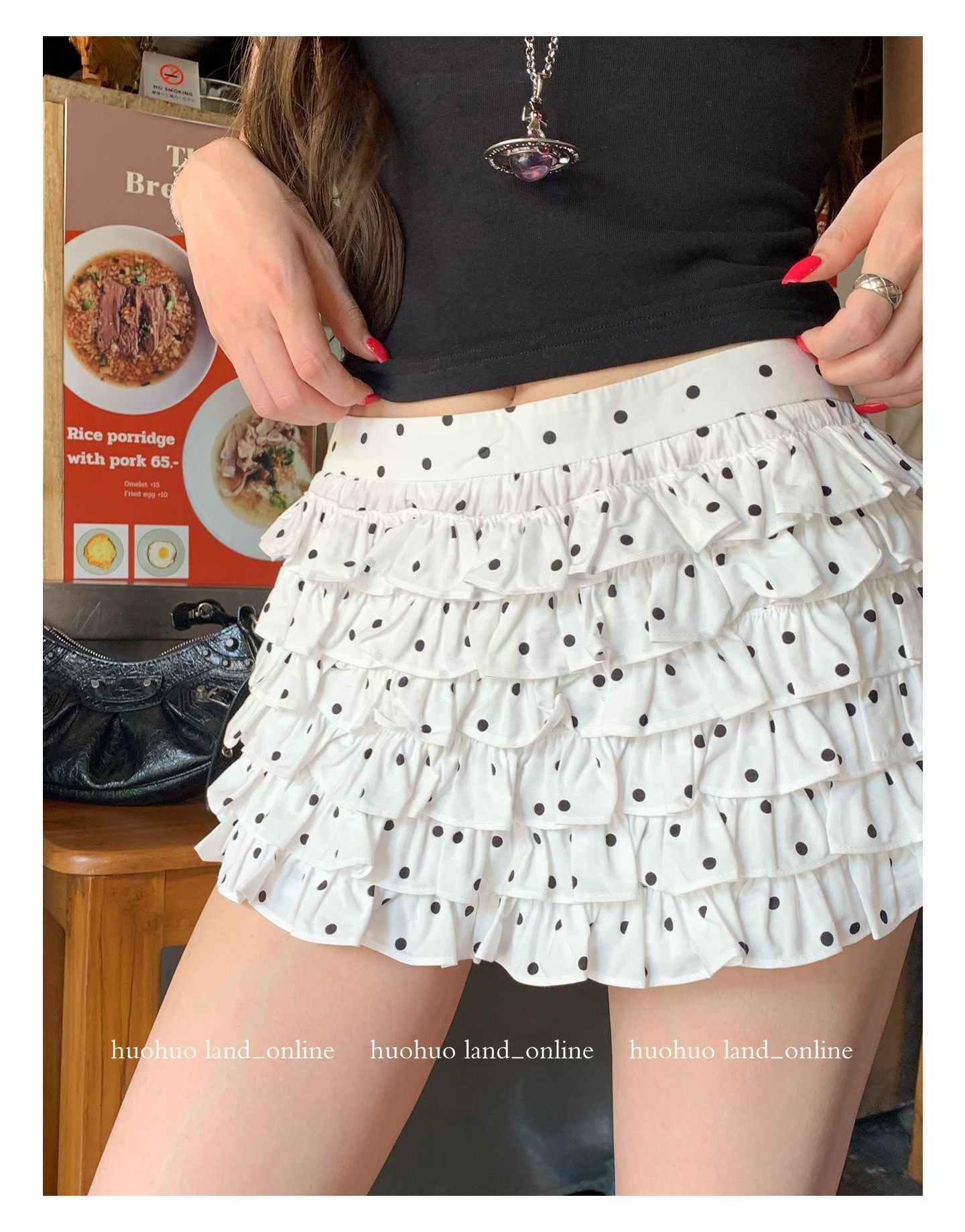 White Polka Dot High Waist A-Line Tiered Cake Skirt