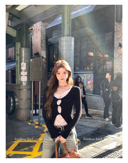 Fake Two-Piece Lace Knit Slim Long Sleeve Inner Top