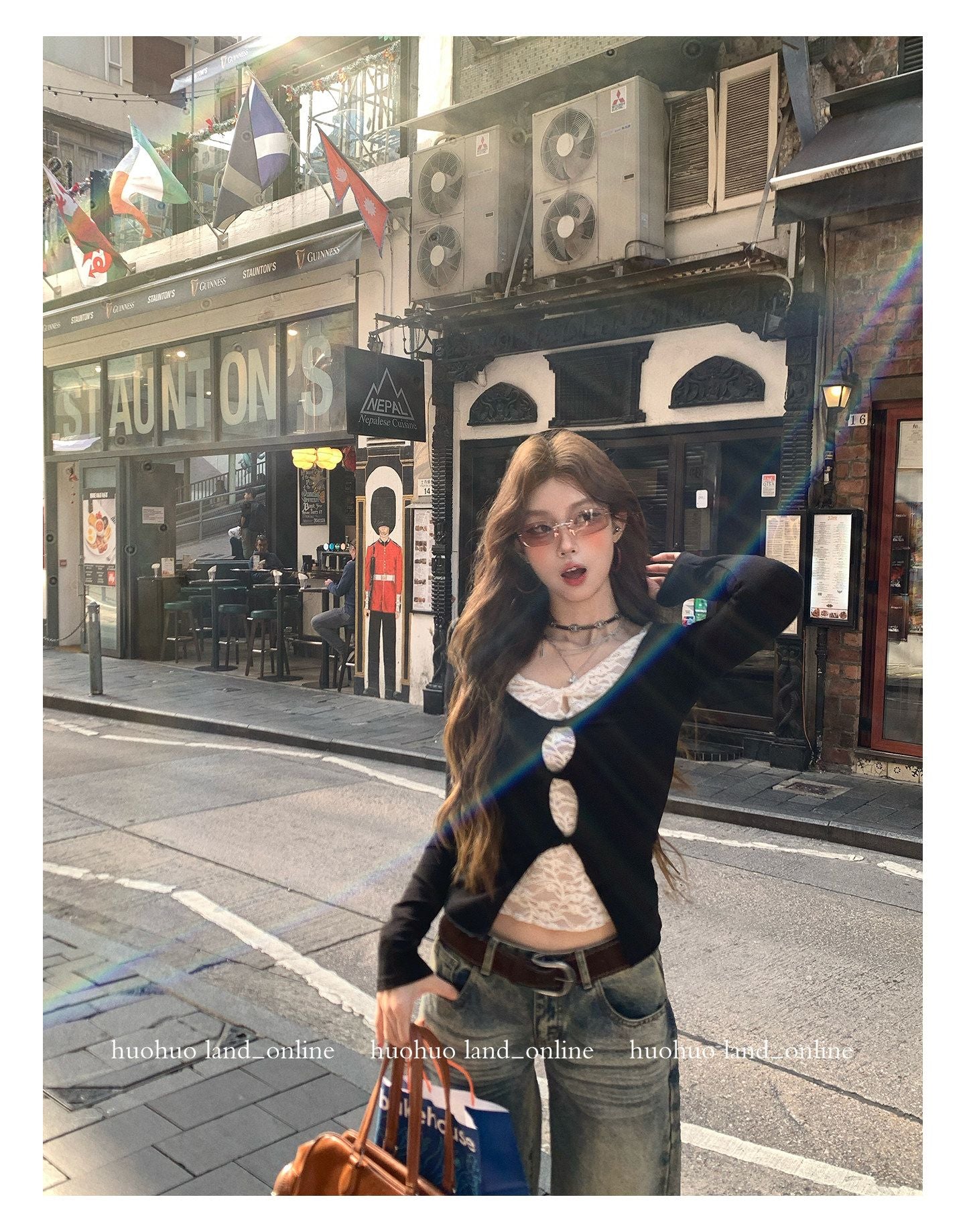 Fake Two-Piece Lace Knit Slim Long Sleeve Inner Top