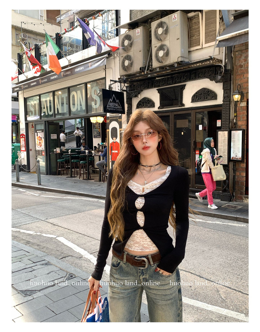 Fake Two-Piece Lace Knit Slim Long Sleeve Inner Top