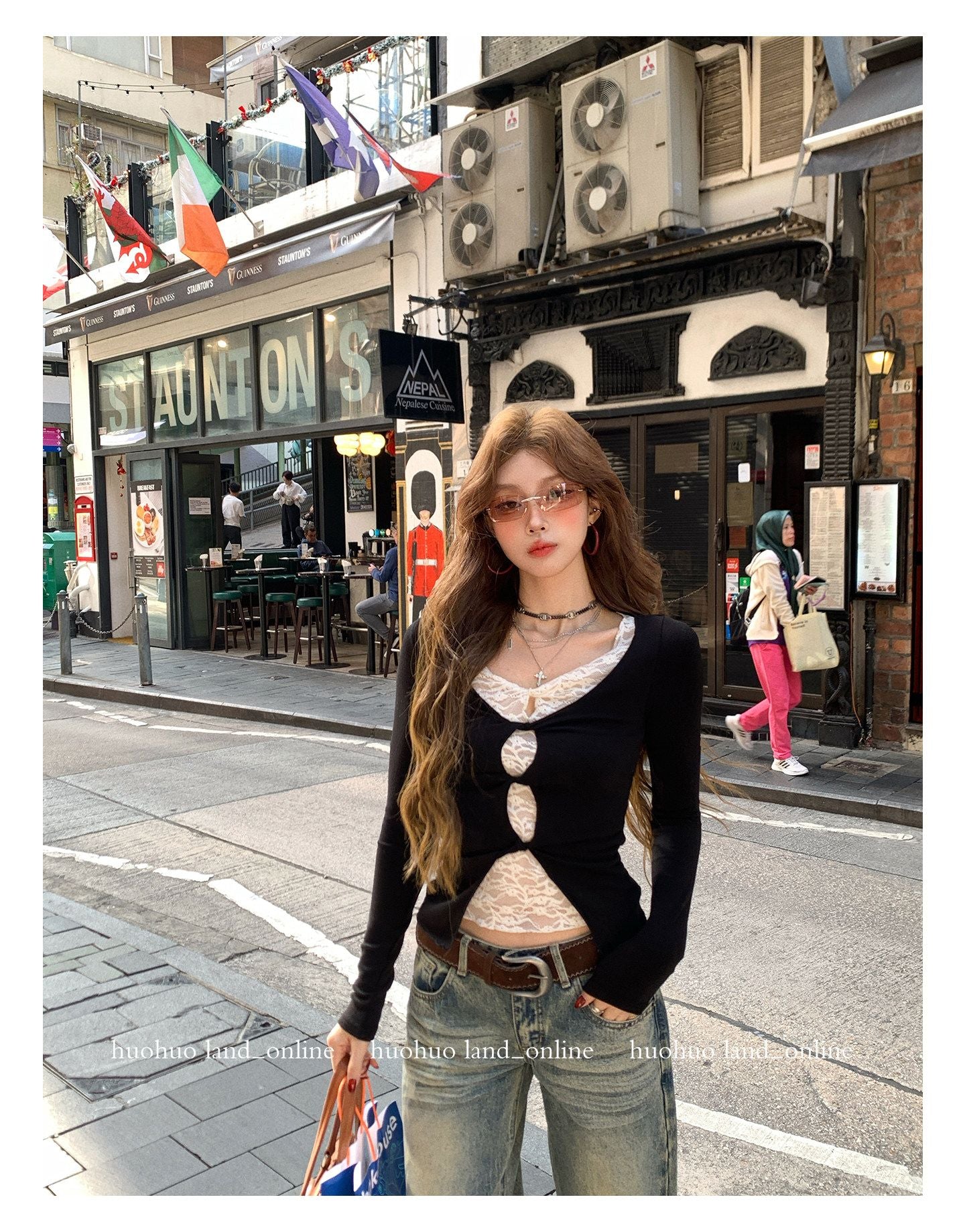 Fake Two-Piece Lace Knit Slim Long Sleeve Inner Top