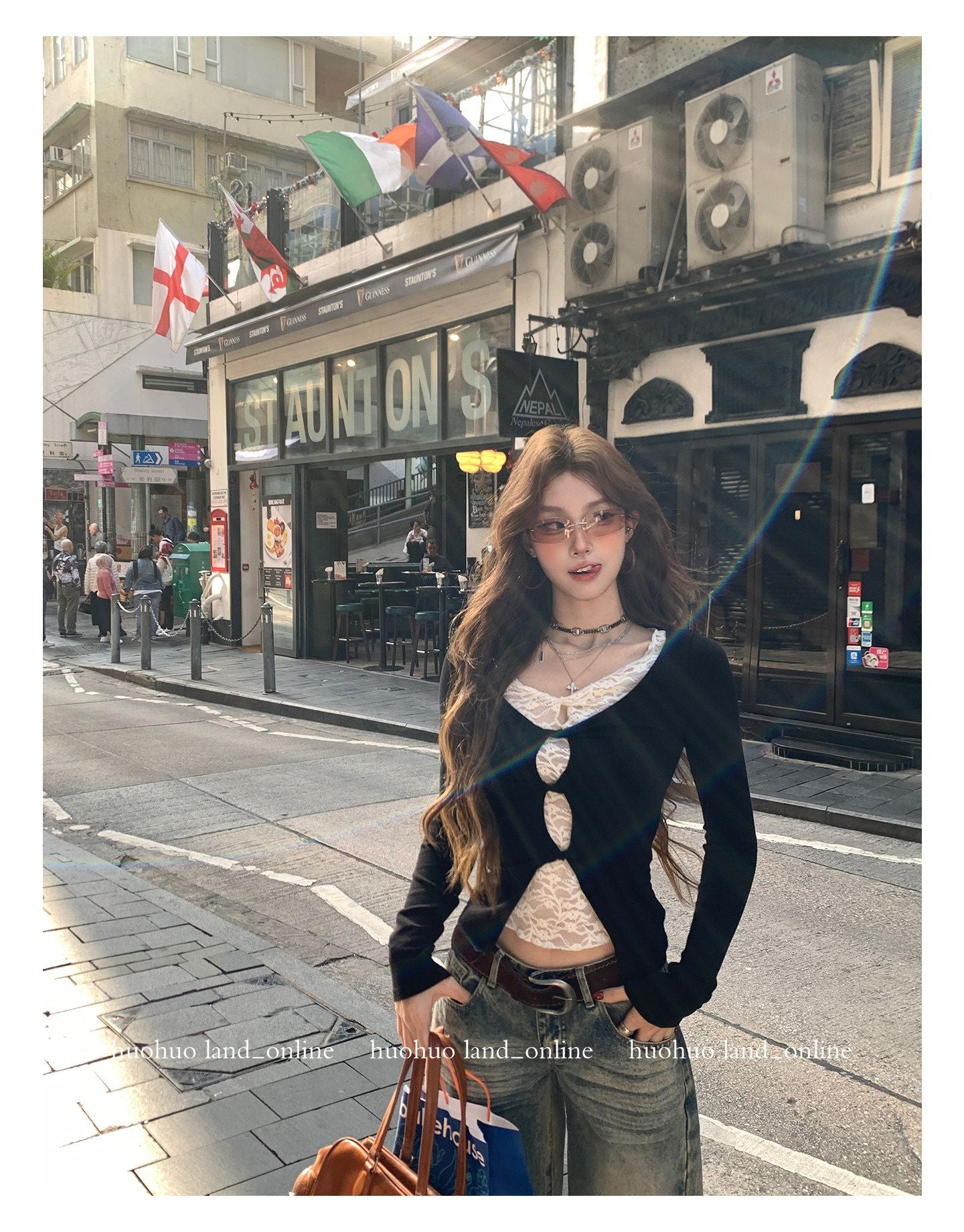 Fake Two-Piece Lace Knit Slim Long Sleeve Inner Top