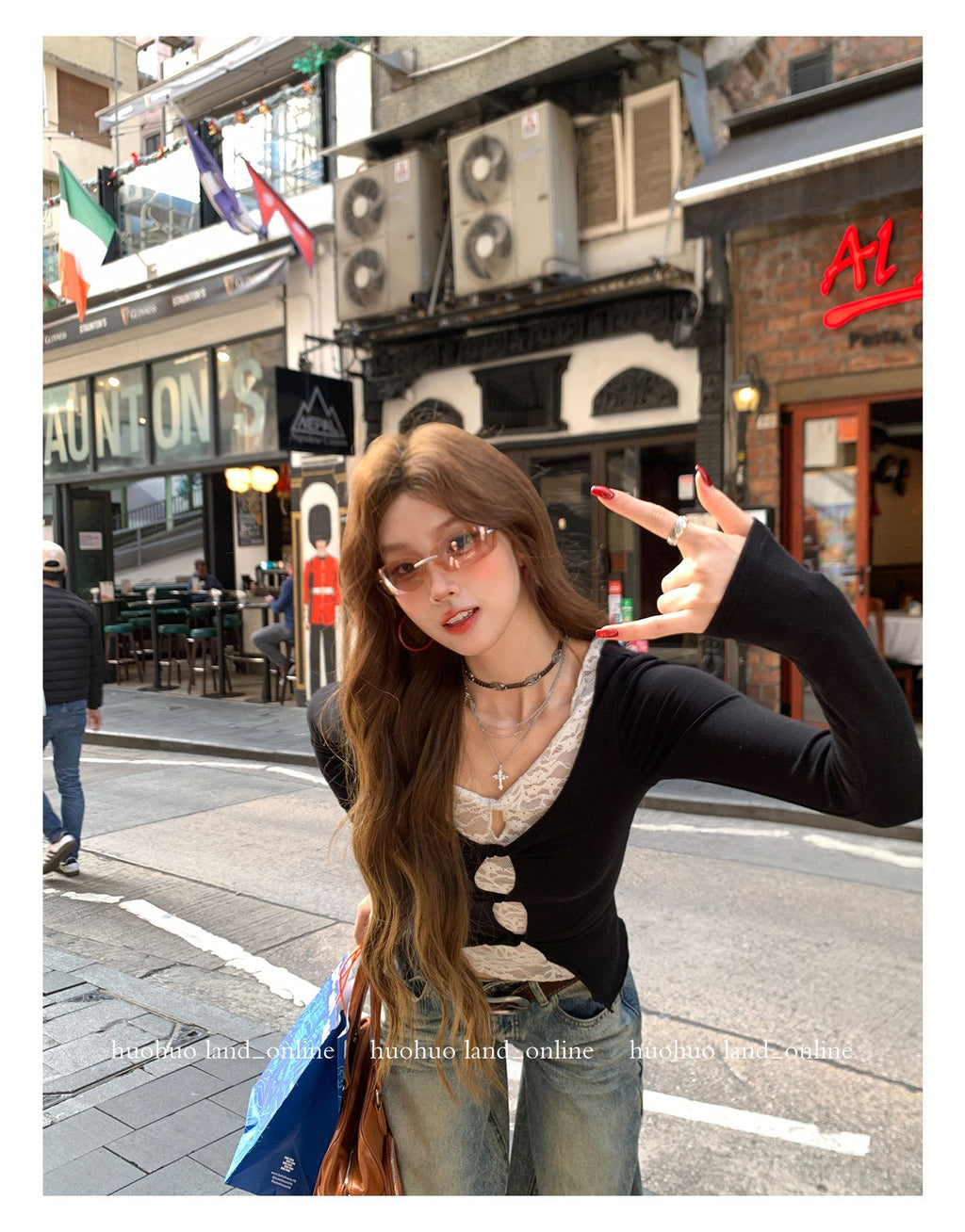Fake Two-Piece Lace Knit Slim Long Sleeve Inner Top