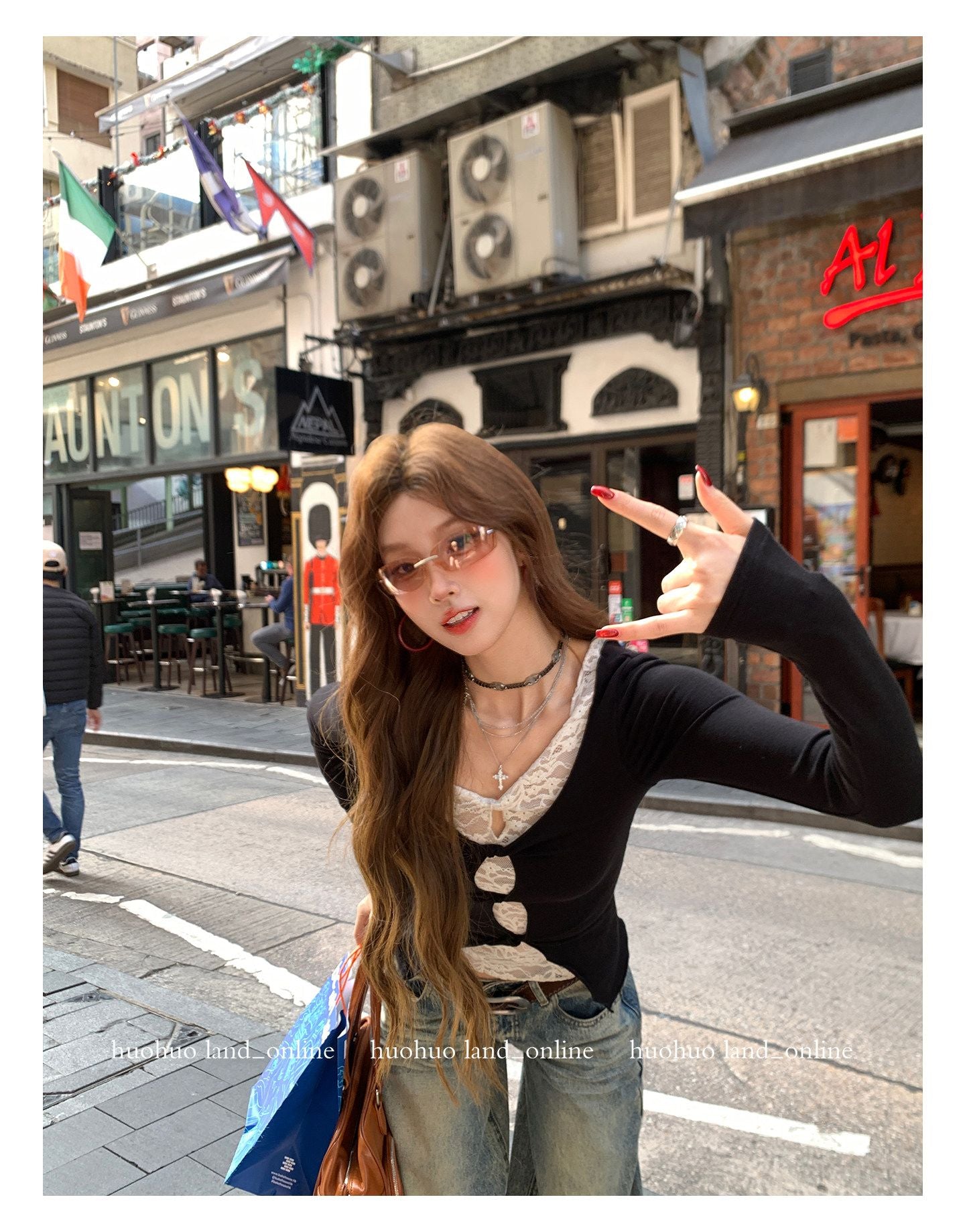 Fake Two-Piece Lace Knit Slim Long Sleeve Inner Top