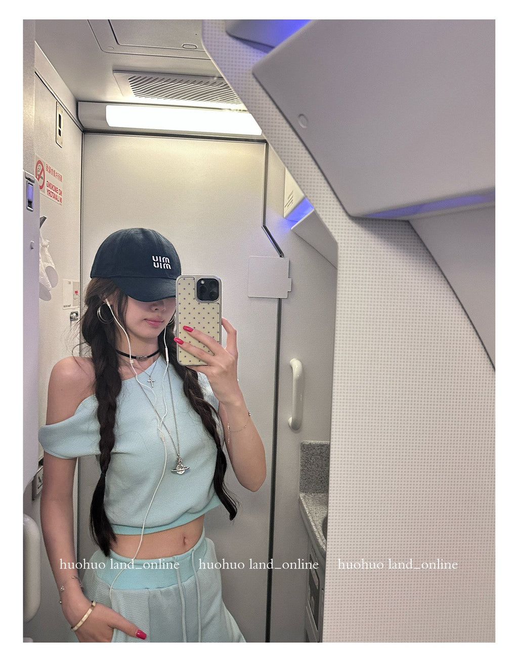 Sky Blue Off-shoulder T-shirt & Drawstring Casual Pants Set