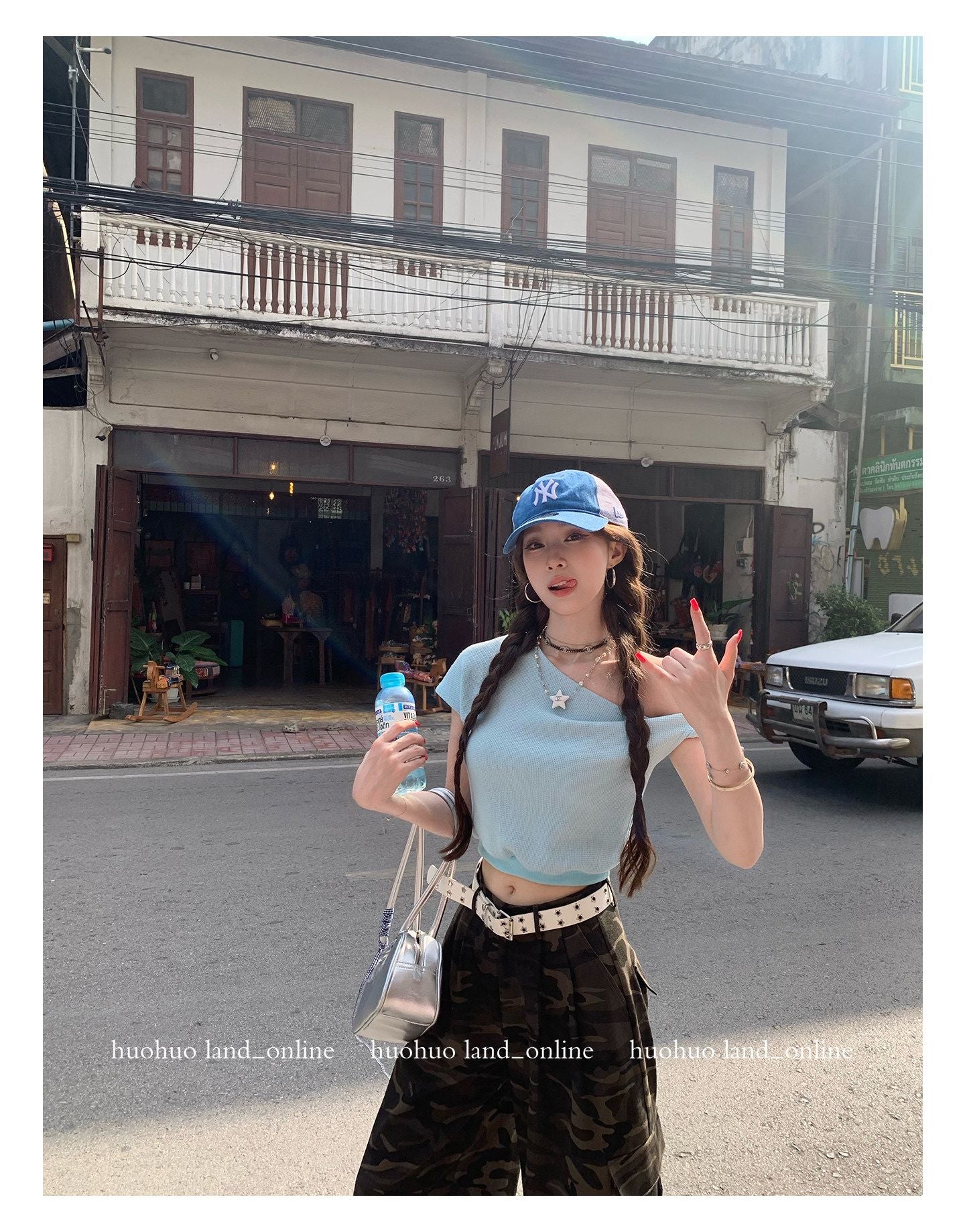 Sky Blue Off-shoulder T-shirt & Drawstring Casual Pants Set