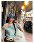 Sky Blue Off-shoulder T-shirt & Drawstring Casual Pants Set