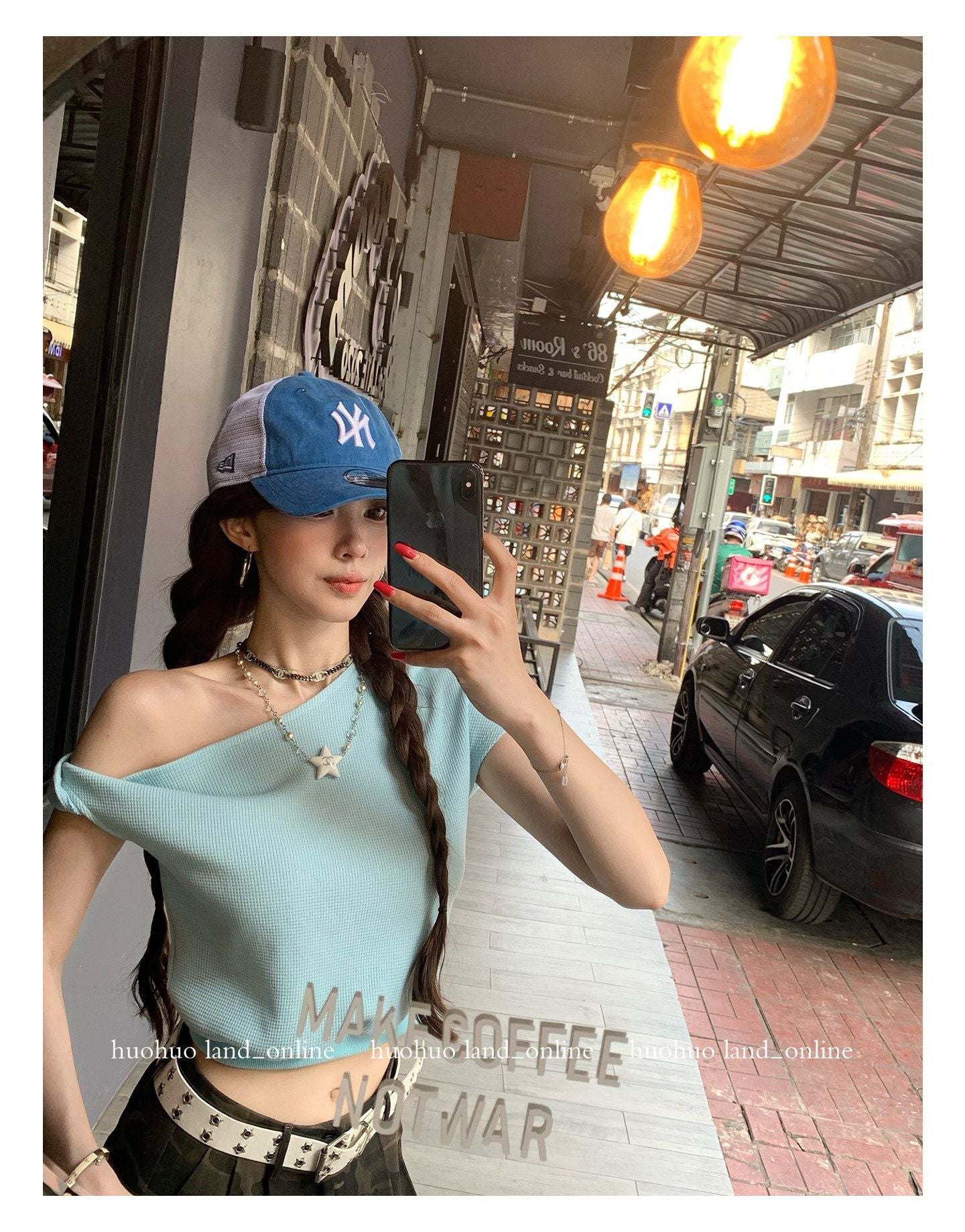 Sky Blue Off-shoulder T-shirt & Drawstring Casual Pants Set