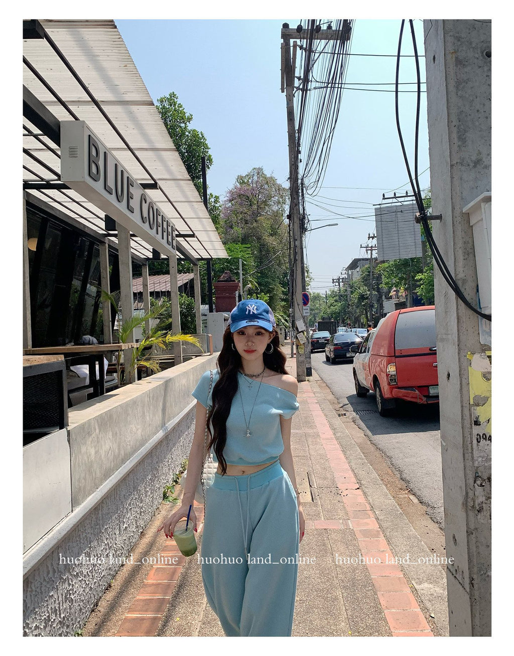 Sky Blue Off-shoulder T-shirt & Drawstring Casual Pants Set