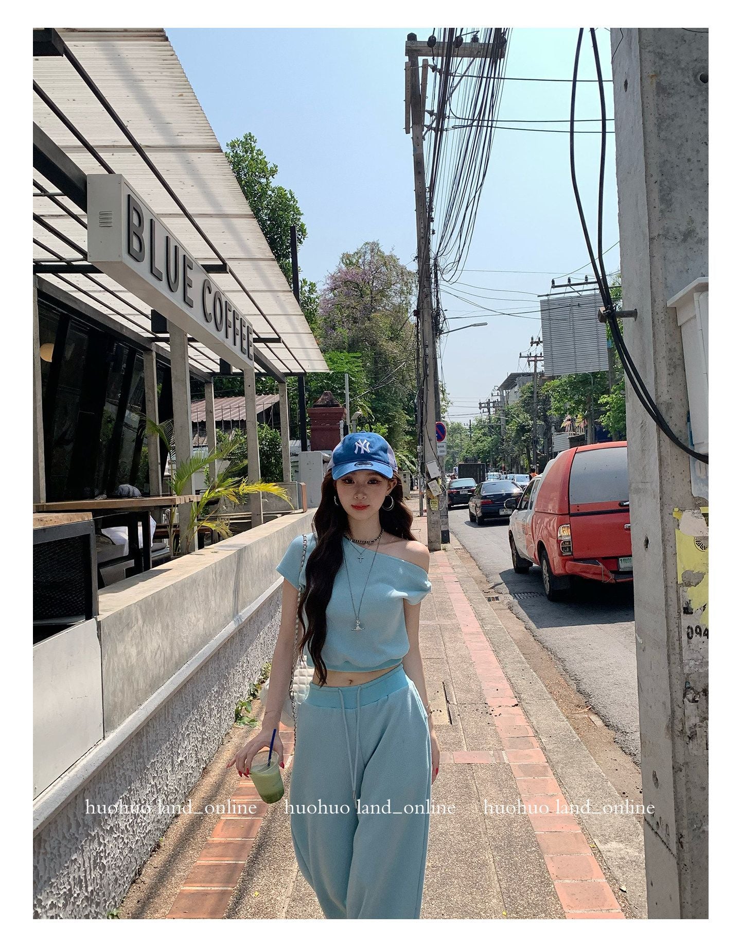 Sky Blue Off-shoulder T-shirt & Drawstring Casual Pants Set