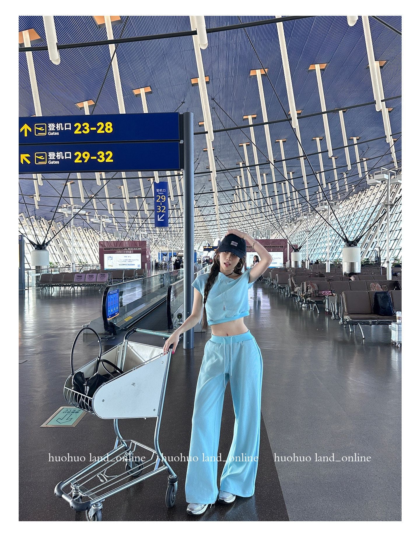 Sky Blue Off-shoulder T-shirt & Drawstring Casual Pants Set