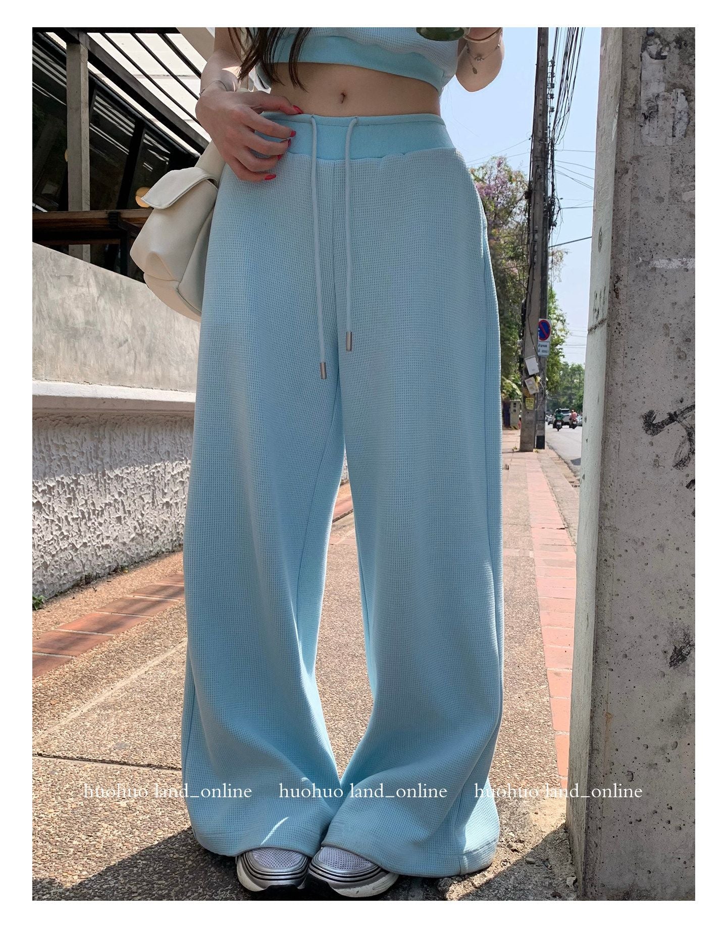 Sky Blue Off-shoulder T-shirt & Drawstring Casual Pants Set