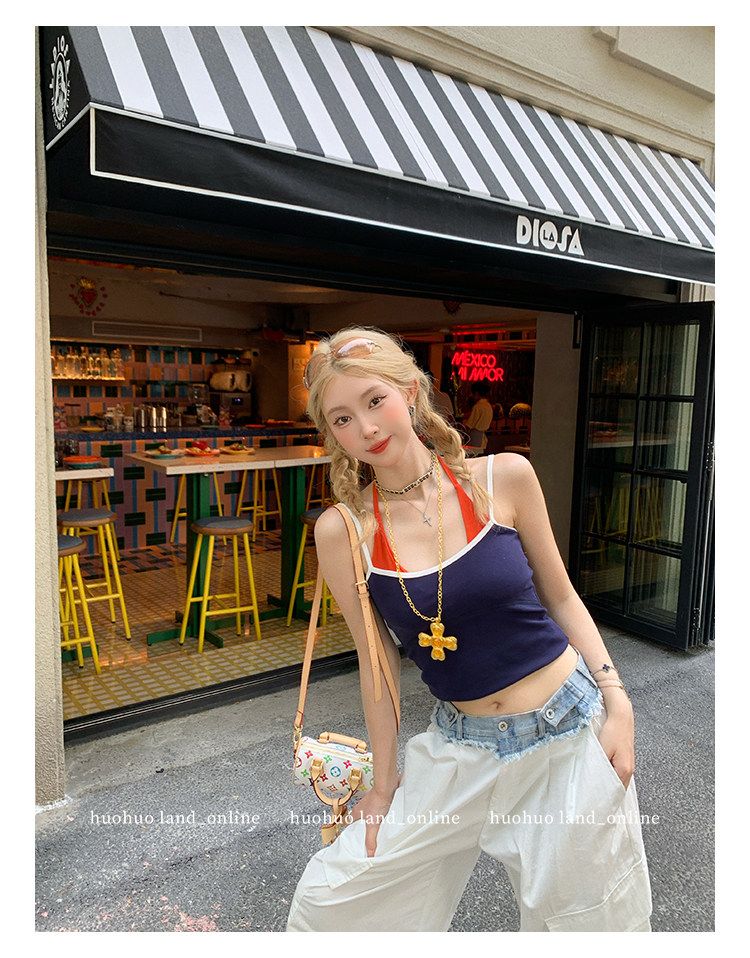 26S/S Fake Two-Piece Halter Cami Slim Fitted Top