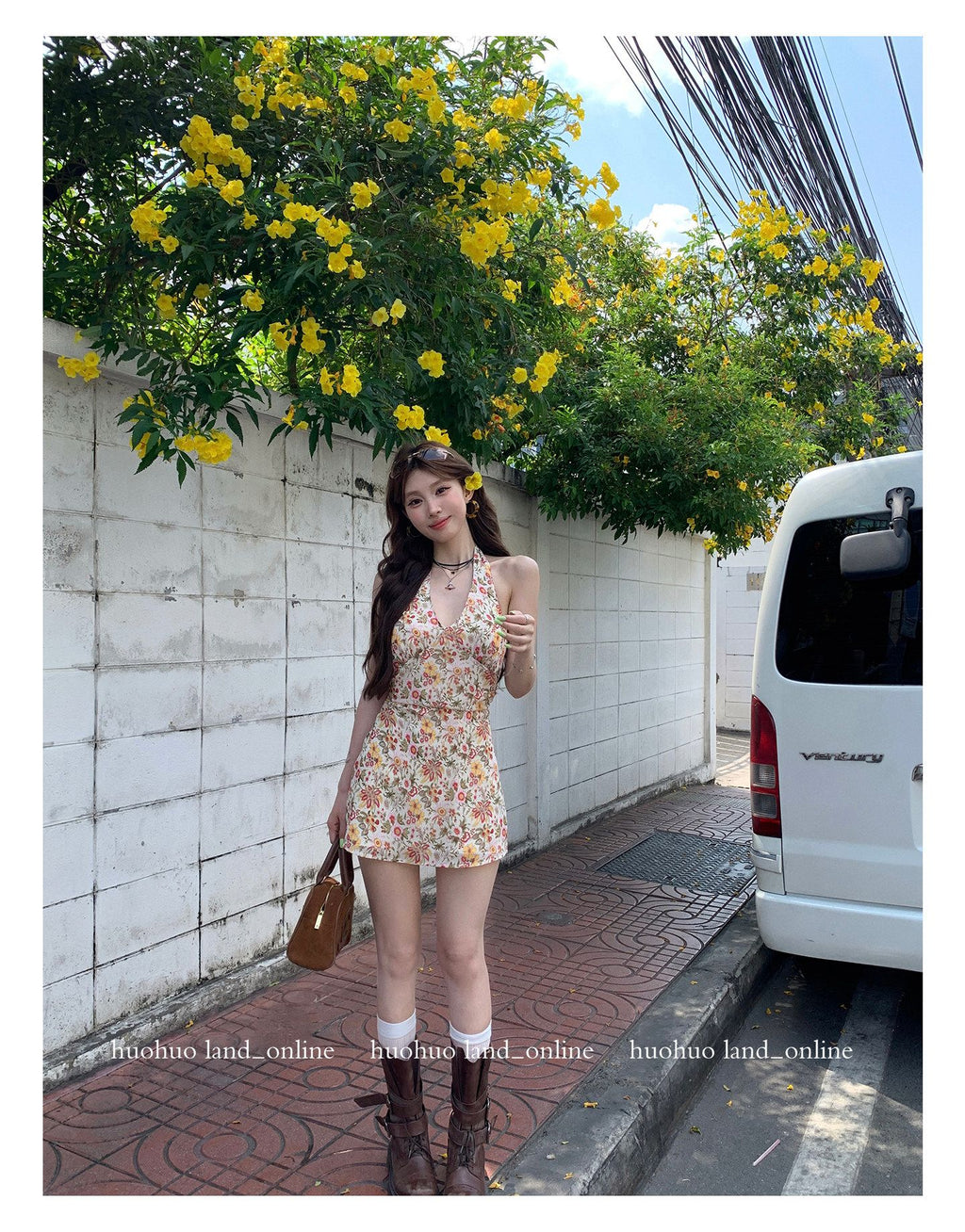 French Halter A-line Floral Dress