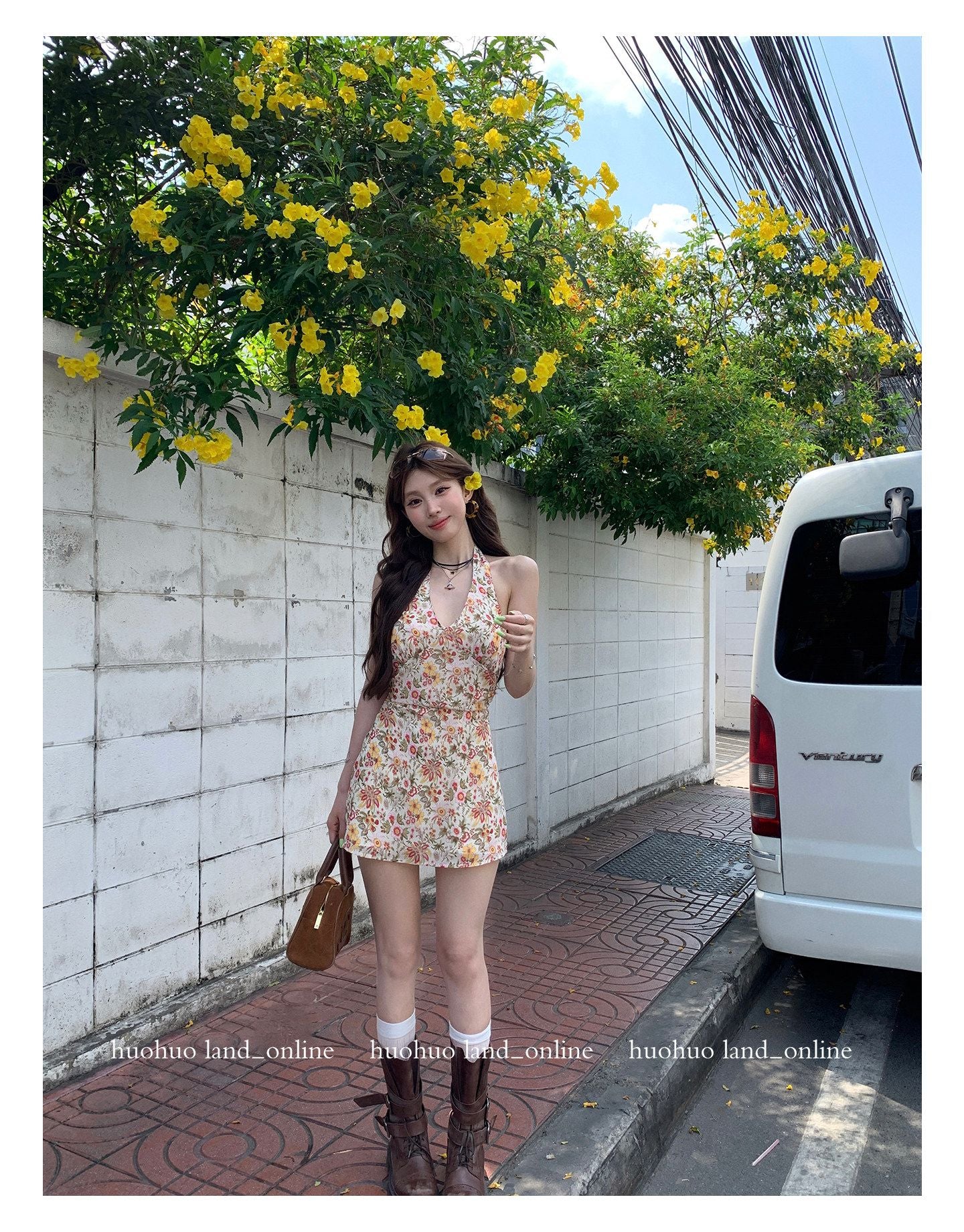 French Halter A-line Floral Dress