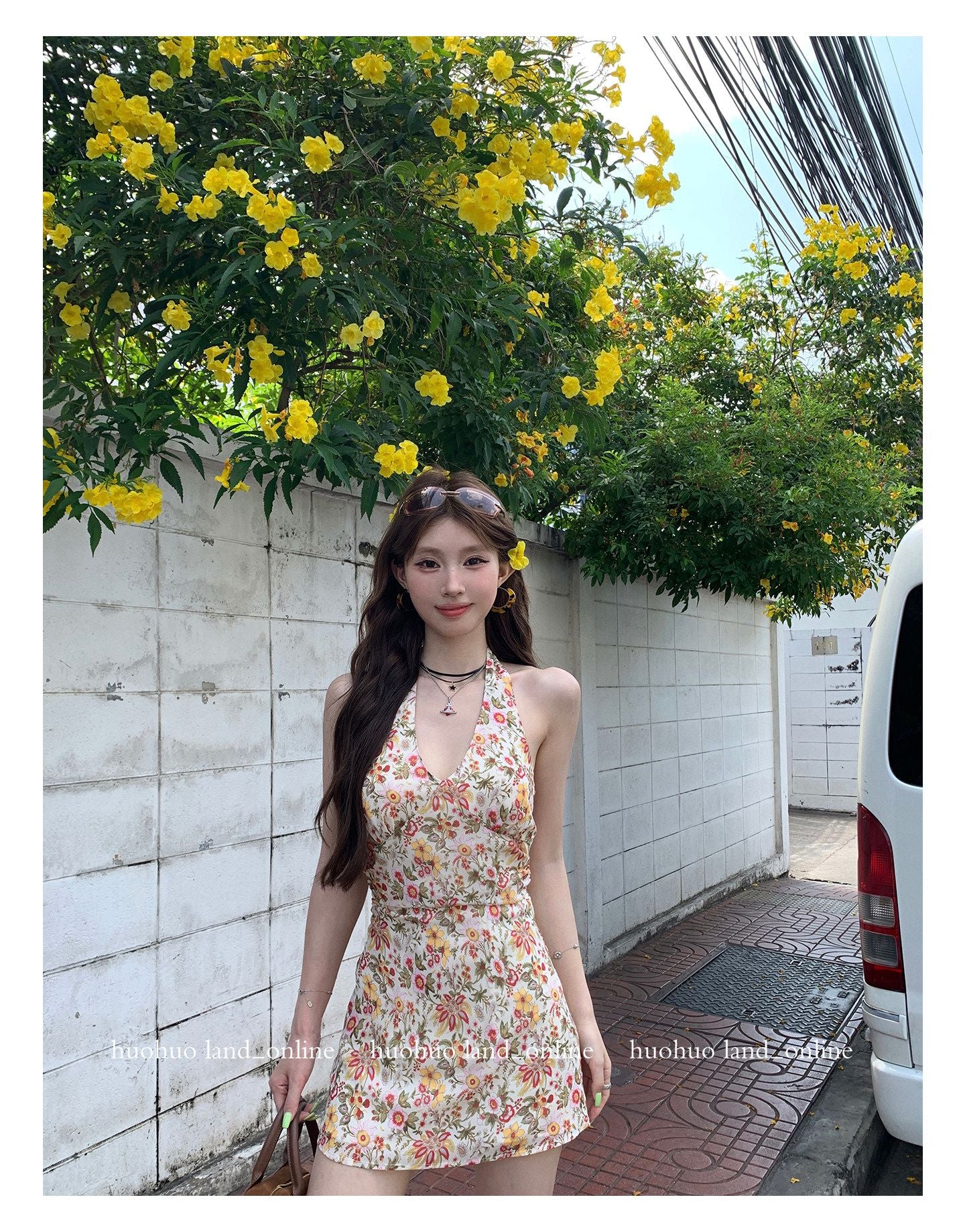 French Halter A-line Floral Dress