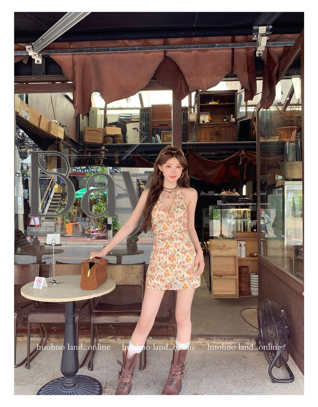 French Halter A-line Floral Dress