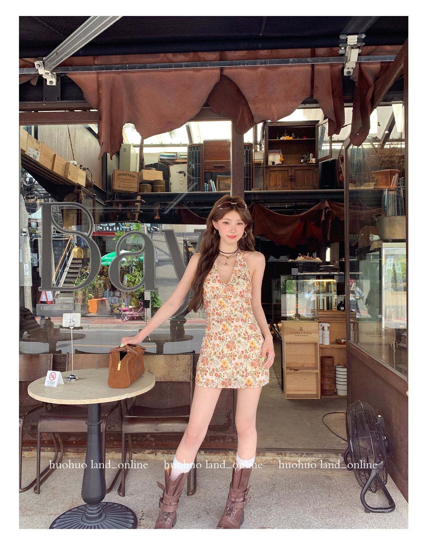 French Halter A-line Floral Dress